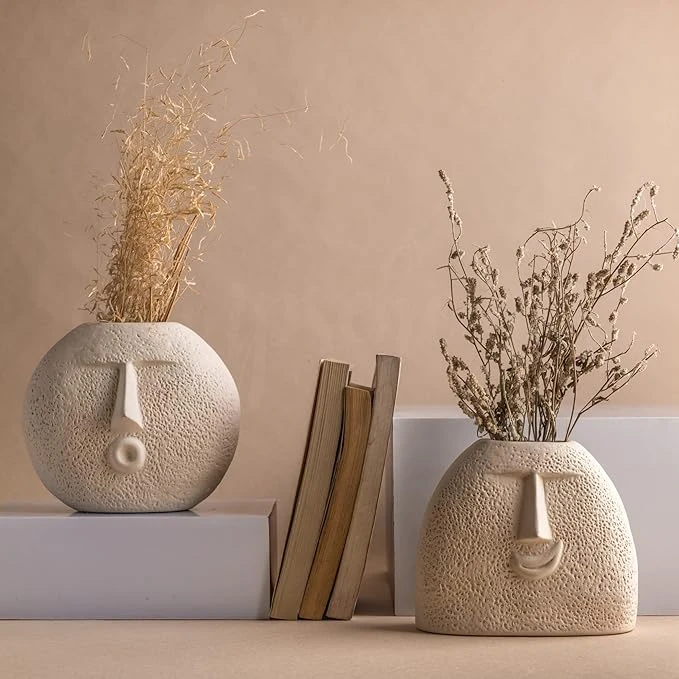 Glimpse Homes Ceramic Flower Vase | Set of 2 | Upbeat Face Vase 5.5 inches & Blo